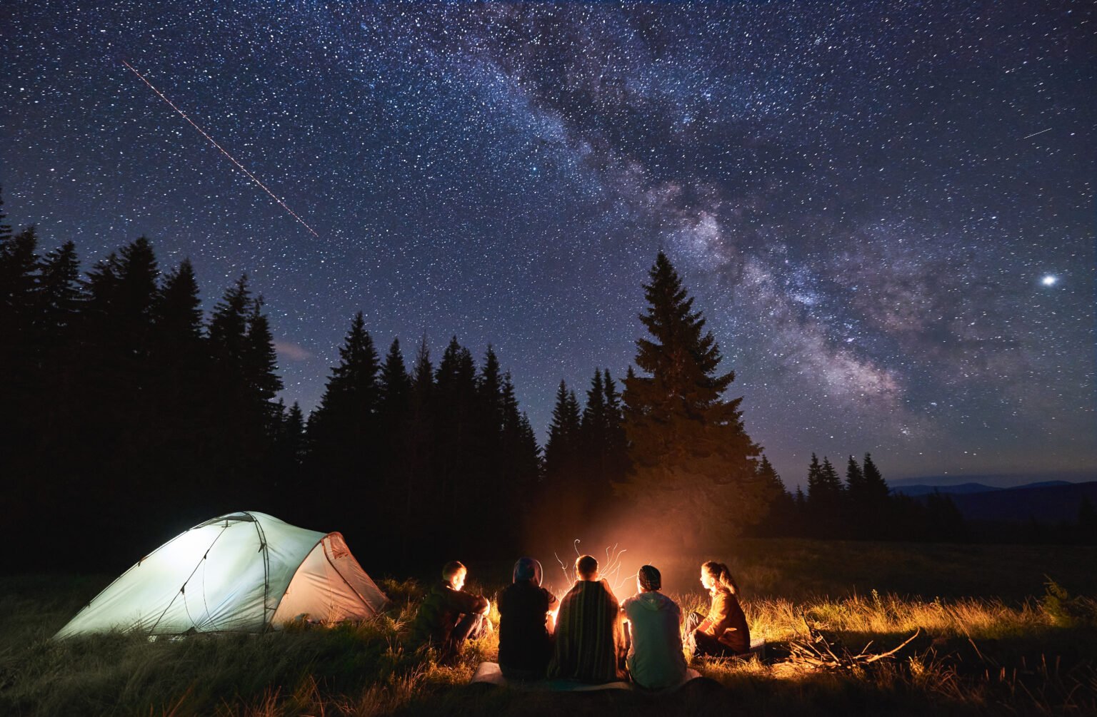 Tourists sitting around bonfire in night forest.